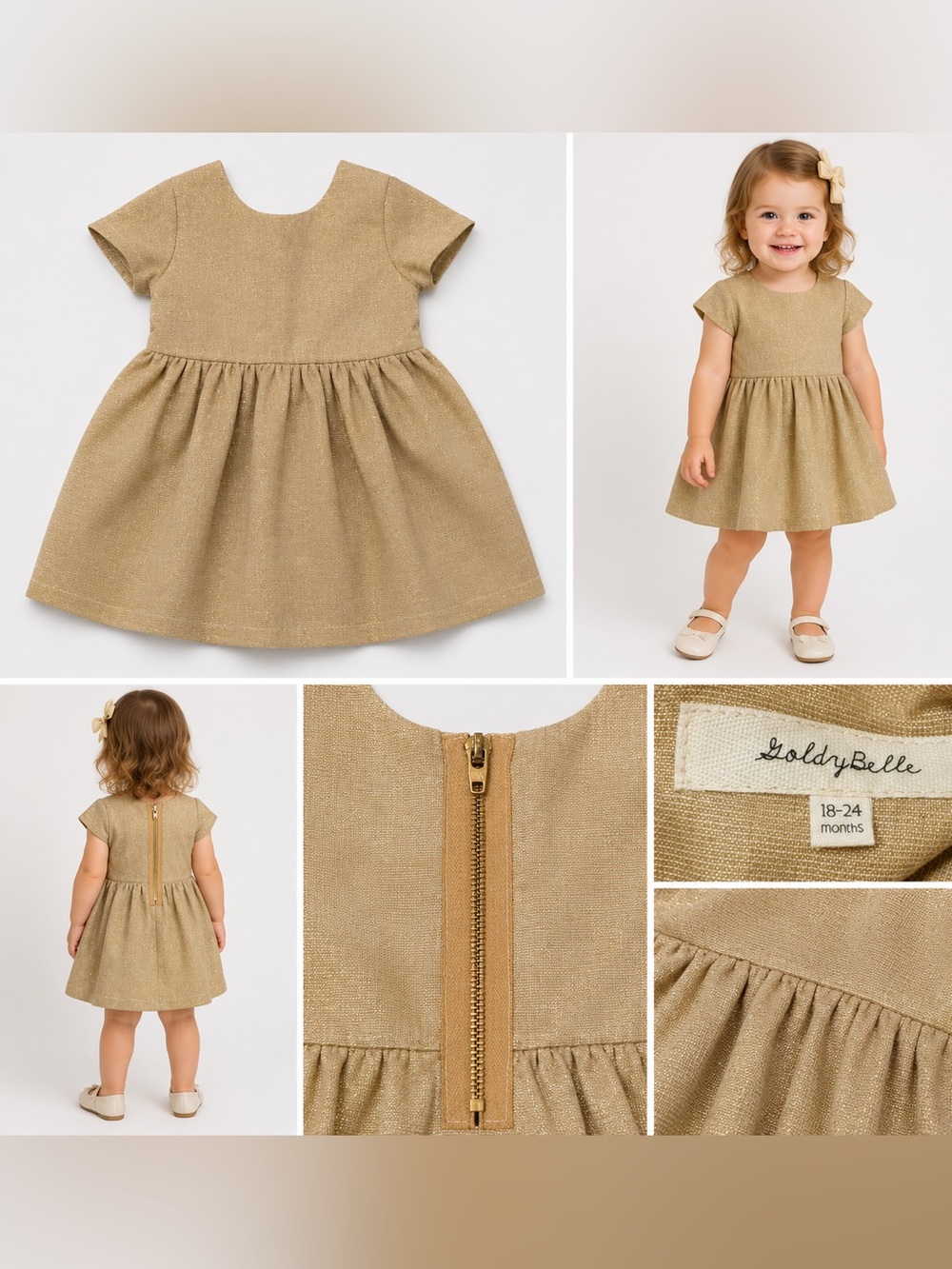 GoldyBelle Girls Metallic Gold Shimmer Party Dress 18-24 Months